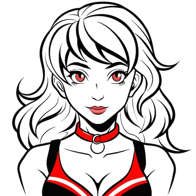 a cartoon drawing of a woman wearing a red bra with a red collar