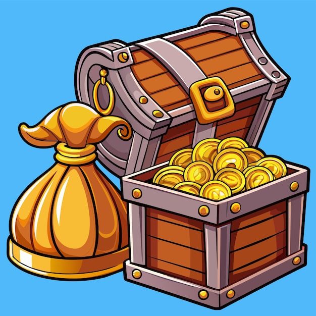 a cartoon drawing of a wooden chest with a gold coin and a gold coin