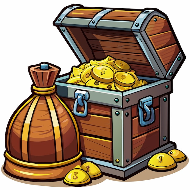 a cartoon drawing of a wooden chest with gold coins and a wooden box with gold coins