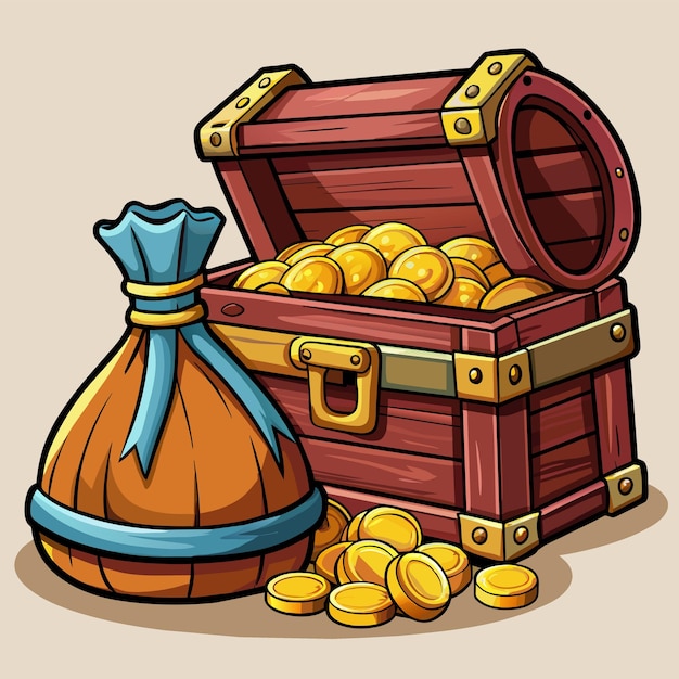 a cartoon drawing of a wooden treasure chest with gold coins