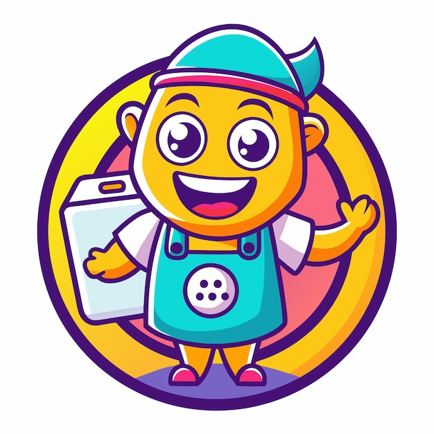 Vector a cartoon drawing of a yellow kid with a blue apron holding a white bag