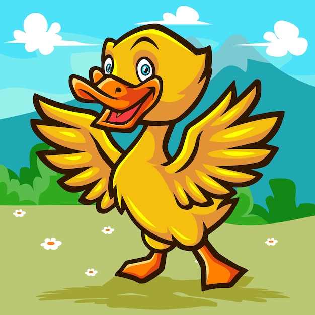 Cartoon duck isolated on garden and mountains background