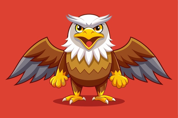 Vector the cartoon eagle appears joyful with open wings and a fierce expression on a bold red backdrop a cartoon character eagle