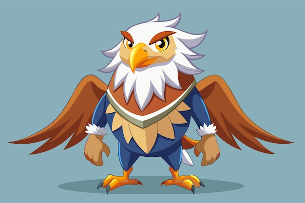 Vector a cartoon eagle with vibrant feathers and a determined look stands with its wings spread wide expressing strength and confidence against a soothing blue backdrop