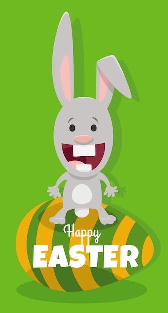 Cartoon Easter bunny on painted egg greeting card