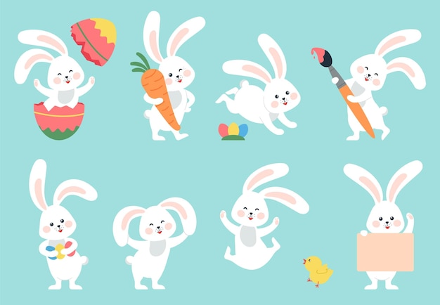 Cartoon easter bunny Rabbit hiding bunnies with eggs and flowers Cute springtime characters hare painted and chicken Seasonal holidays decent vector animals