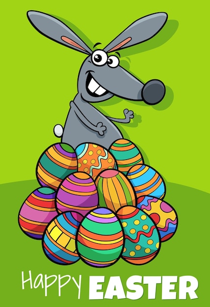 Cartoon Easter Bunny with colored eggs greeting card