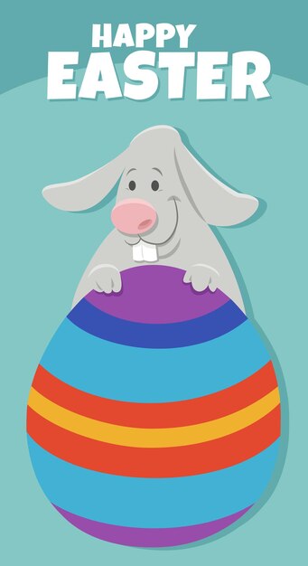 Vector cartoon easter bunny with painted egg greeting card