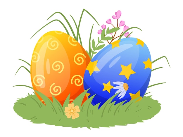 Cartoon Easter eggs Spring holiday eggs on grass lawn colorful painted eggs flat vector illustration on white background