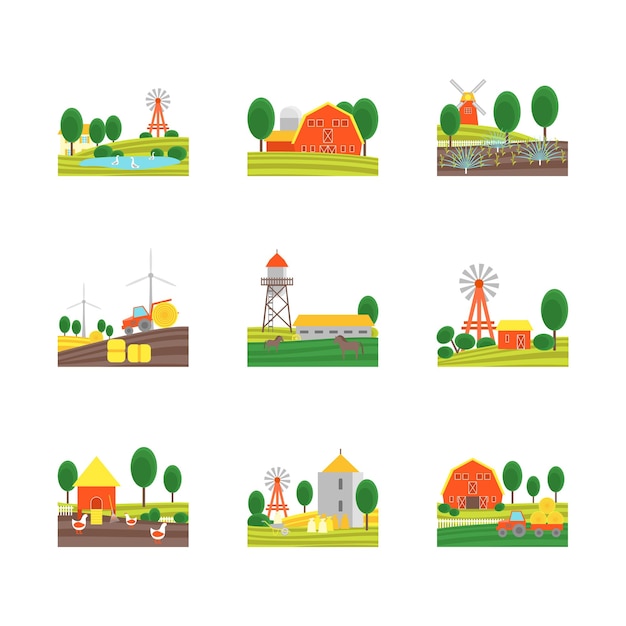 Cartoon Eco Farm Color Icons Set Vector