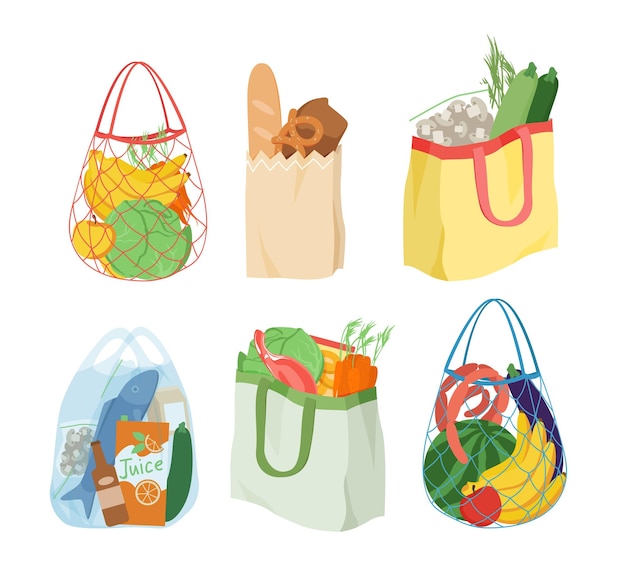 Cartoon eco reusable paper or plastic bags with healthy fresh goods isolated on white shopping bags