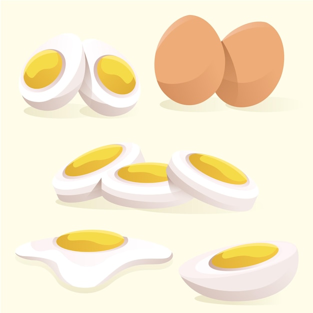 Cartoon egg isolated on white background. Set of fried, boiled, half, egg slices.