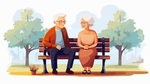 Cartoon Elderly Couple Sitting on Bench Together