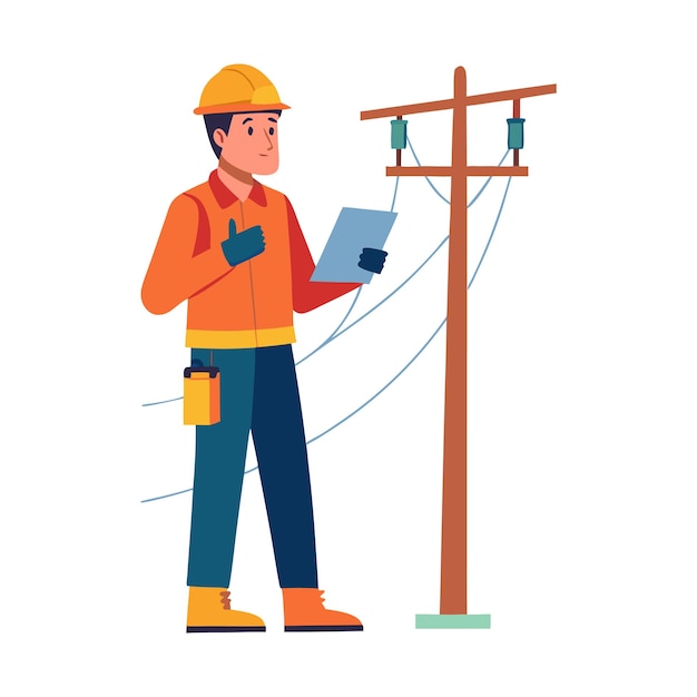 Vector cartoon electrician working on electrical pole with plans