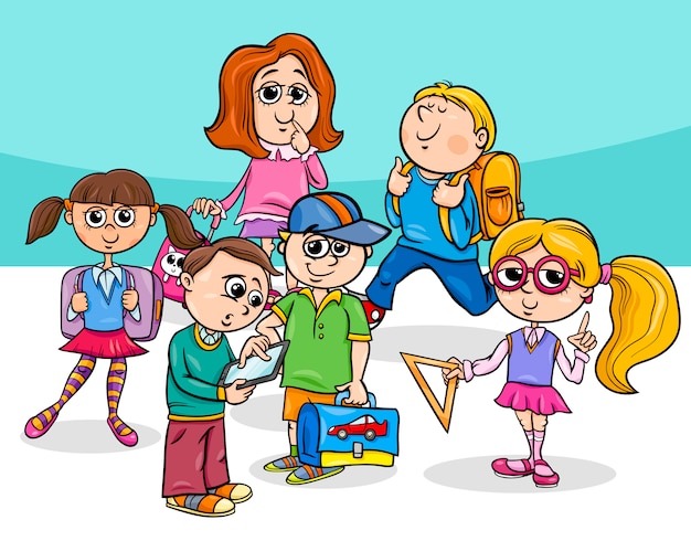 cartoon elementary school children group