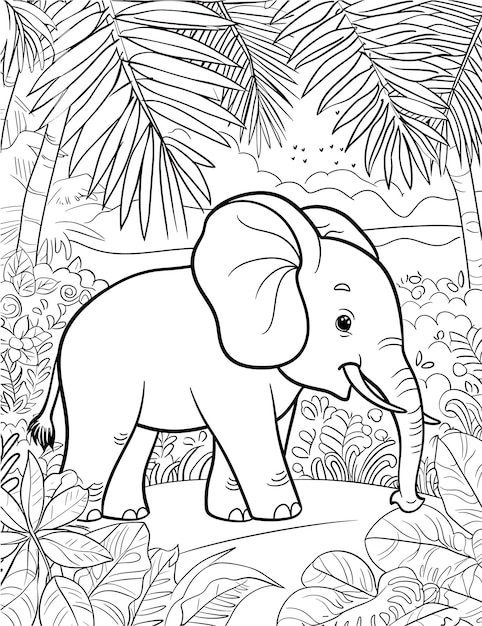 Vector a cartoon elephant stands in front of palm trees