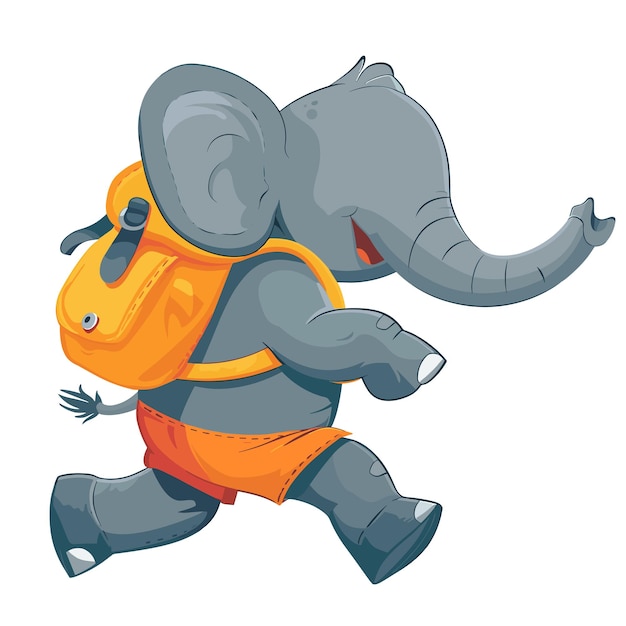 A cartoon elephant with a backpack running excitedly