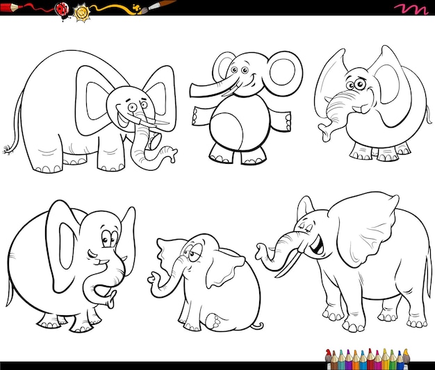 Cartoon elephants animals set coloring page