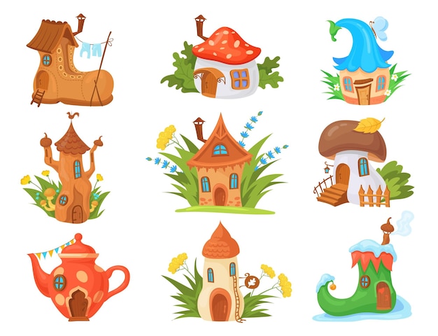 Cartoon elves houses Fairy house in tale forest trees gnome land mushroom fairytale cottage with door natural fantasy village garden dwarf fairies home neat vector illustration