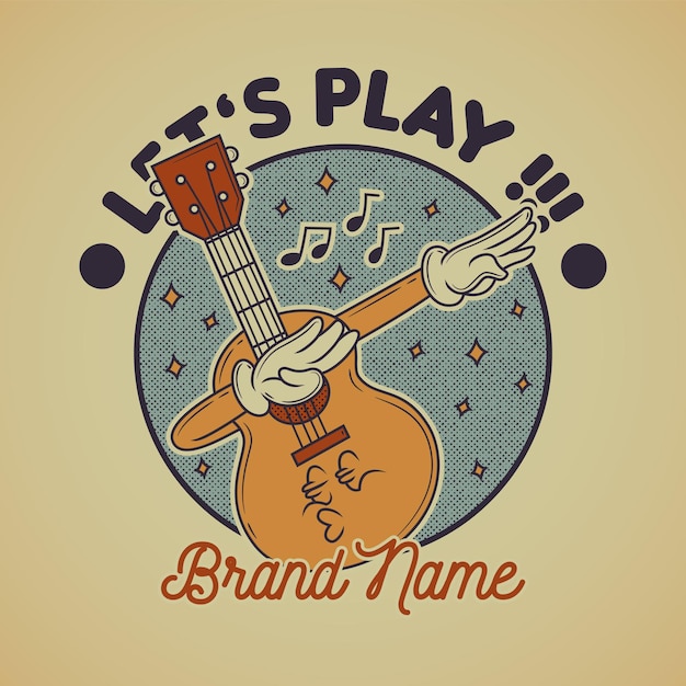 Cartoon emblem of happy dancing guitar with retro style