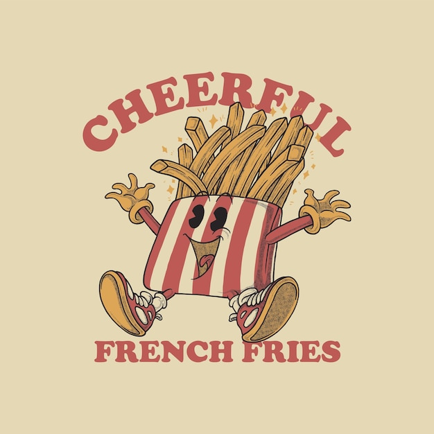 Cartoon emblem of happy french fries with retro style