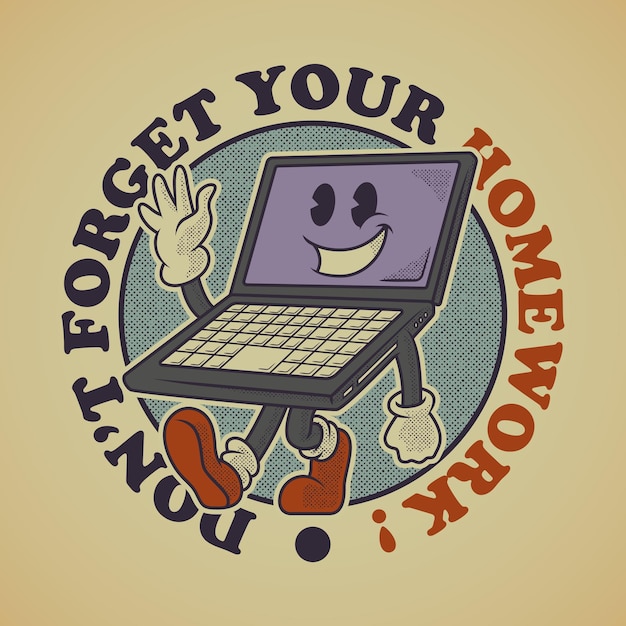 Cartoon emblem of happy laptop with retro style