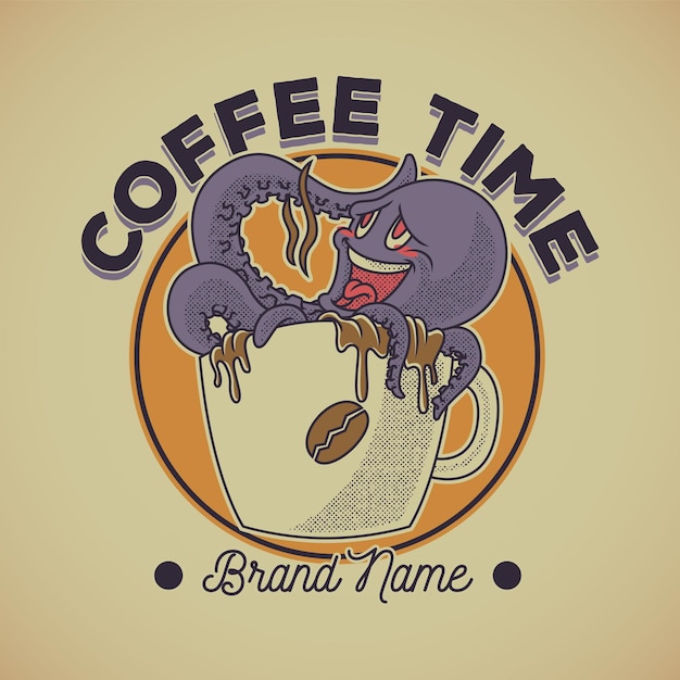 Cartoon emblem of octopus soaked in coffee mug with retro style