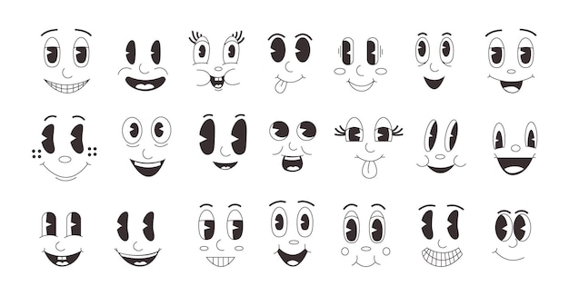 Cartoon emotions Retro comic faces collection with smile emotion vintage face of mascot character Vector clip art collection Facial expressions with happy and cheerful feelings