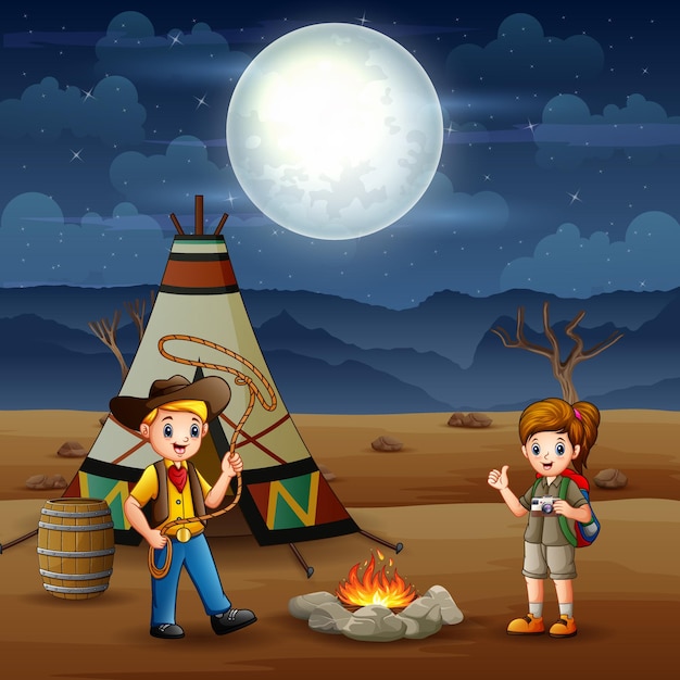 Cartoon the explorer boy and girl camping out in the desert