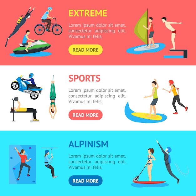 Cartoon Extreme Sports People Banner Horizontal Set Vector