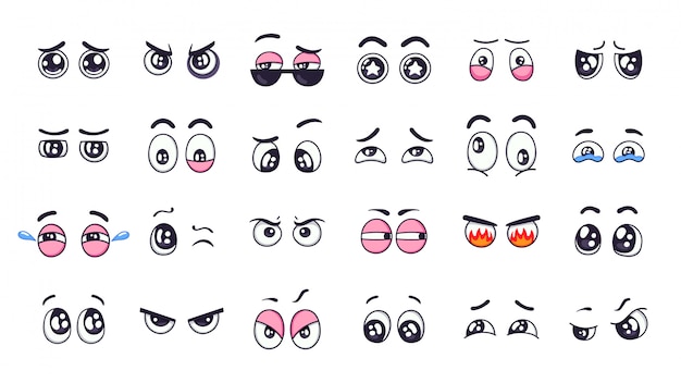 Cartoon eyes. Comic funny expression eyes with various emotions, crying eyes, laughing, angry and cute winking eyes   illustration set. Hand drawn elements, emotional glances, sights