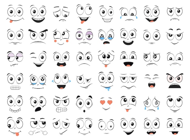 Cartoon faces set. Angry, laughing, smiling, crying, scared and other expressions. Illustration.