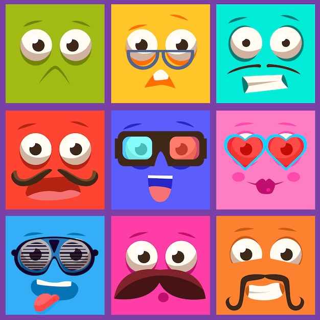 Cartoon Faces with Emotions and Mustache. Set