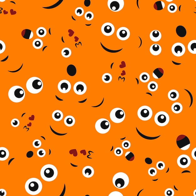 Cartoon faces with emotions Seamless pattern with different emoticons on orange background Vector illustration