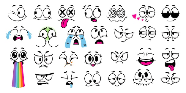 Cartoon facial expressions Comic faces with caricature eyes doodle eyebrows and mouth for 1970 animation style character design vector set