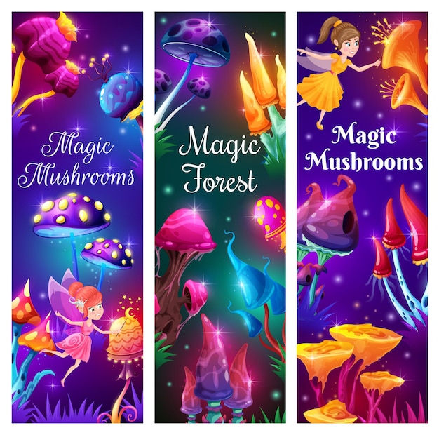 Cartoon fairies and magic mushrooms in fantasy forest. Vector strange fungi, unusual fairytale or jelly alien plants with bright luminous glowing caps, flying sparkles and funny elves