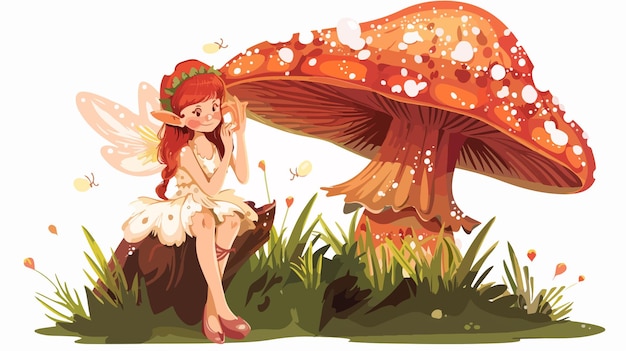 Vector cartoon fairy sitting on a mushroom flat vector illustration