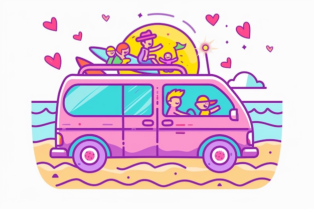 Cartoon Family On Car Trip To Beach