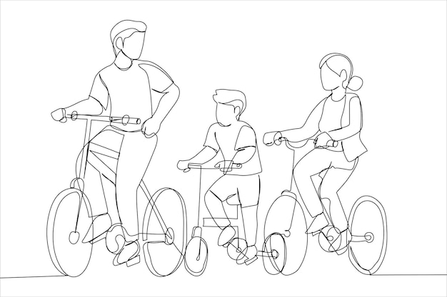 Cartoon of family father and mother teaching their son to ride bicycle at the park Single continuous line art style