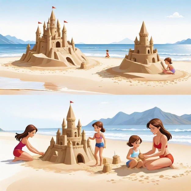 Vector a cartoon of a family playing on the beach with a sand castle in the background