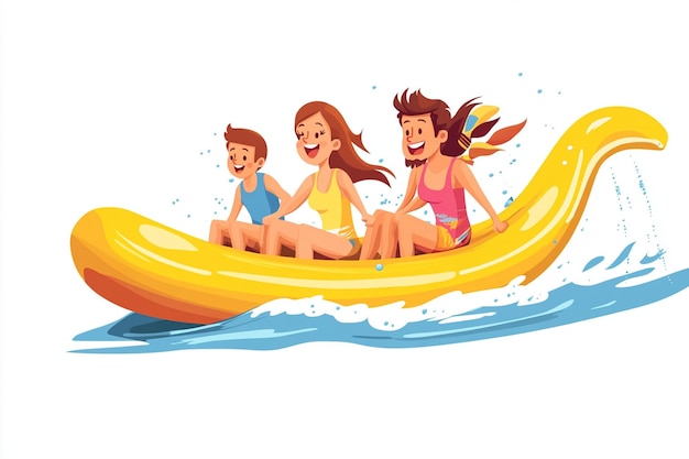 Vector cartoon family riding a banana boat