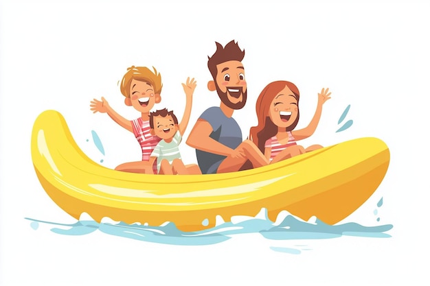 Cartoon Family Riding a Banana Boat