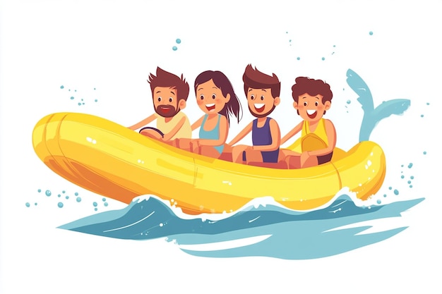 Cartoon Family Riding a Banana Boat