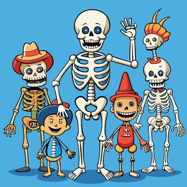 Vector a cartoon family of skeletons with different colored bones smiling on a yellow background