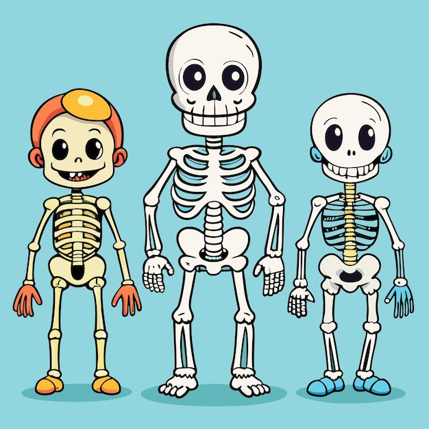 A cartoon family of skeletons with different colored bones smiling on a yellow background