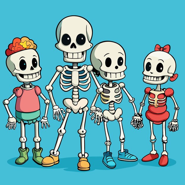 Vector a cartoon family of skeletons with different colored bones smiling on a yellow background