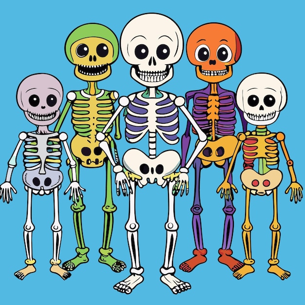 A cartoon family of skeletons with different colored bones smiling on a yellow background