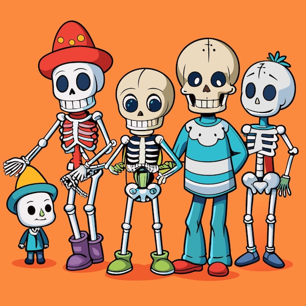 Vector a cartoon family of skeletons with different colored bones smiling on a yellow background