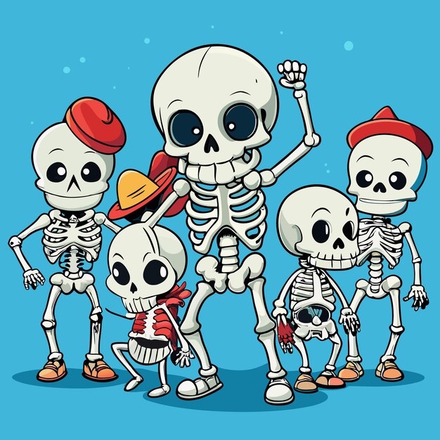 Vector a cartoon family of skeletons with different colored bones smiling on a yellow background