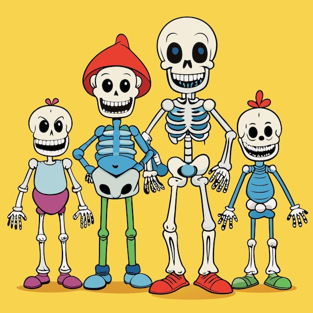 Vector a cartoon family of skeletons with different colored bones smiling on a yellow background